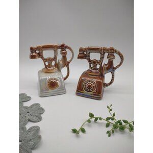 Vintage Pair of Lusterware Dial Up Rotary Telephone Ceramic Ashtrays, Brazil